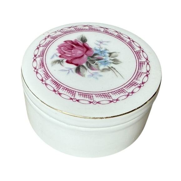Vintage White Porcelain Trinket Box with lid gold rim and pink flower - Picture 1 of 7